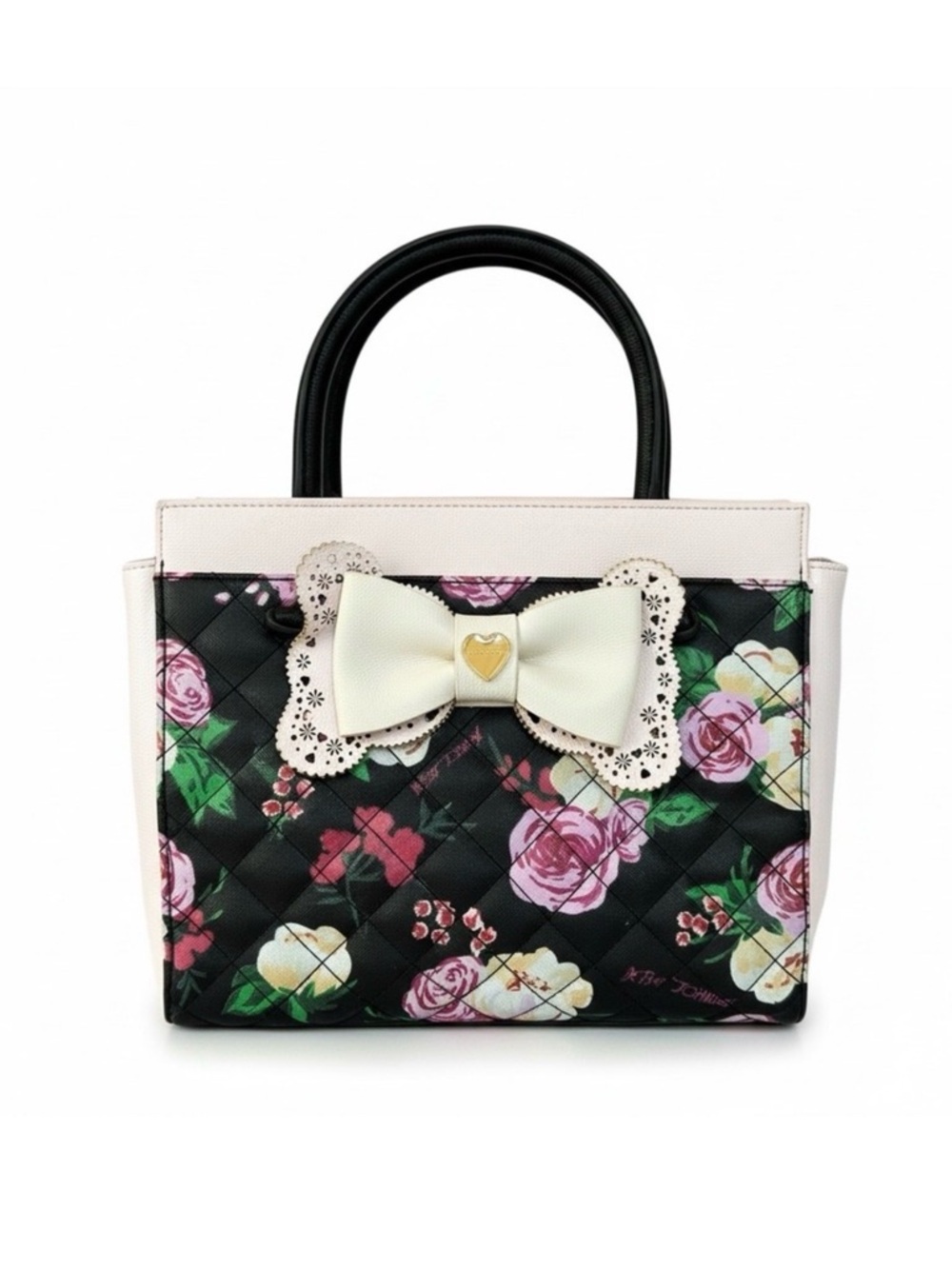 Betsey Johnson Floral Quilted Satchel Bag Pink Coquette Bow Lace Heart